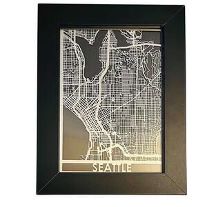 Laser Cut Silver Metal Map of Seattle in Black Wood Frame 6.5" x 8.5" EUC